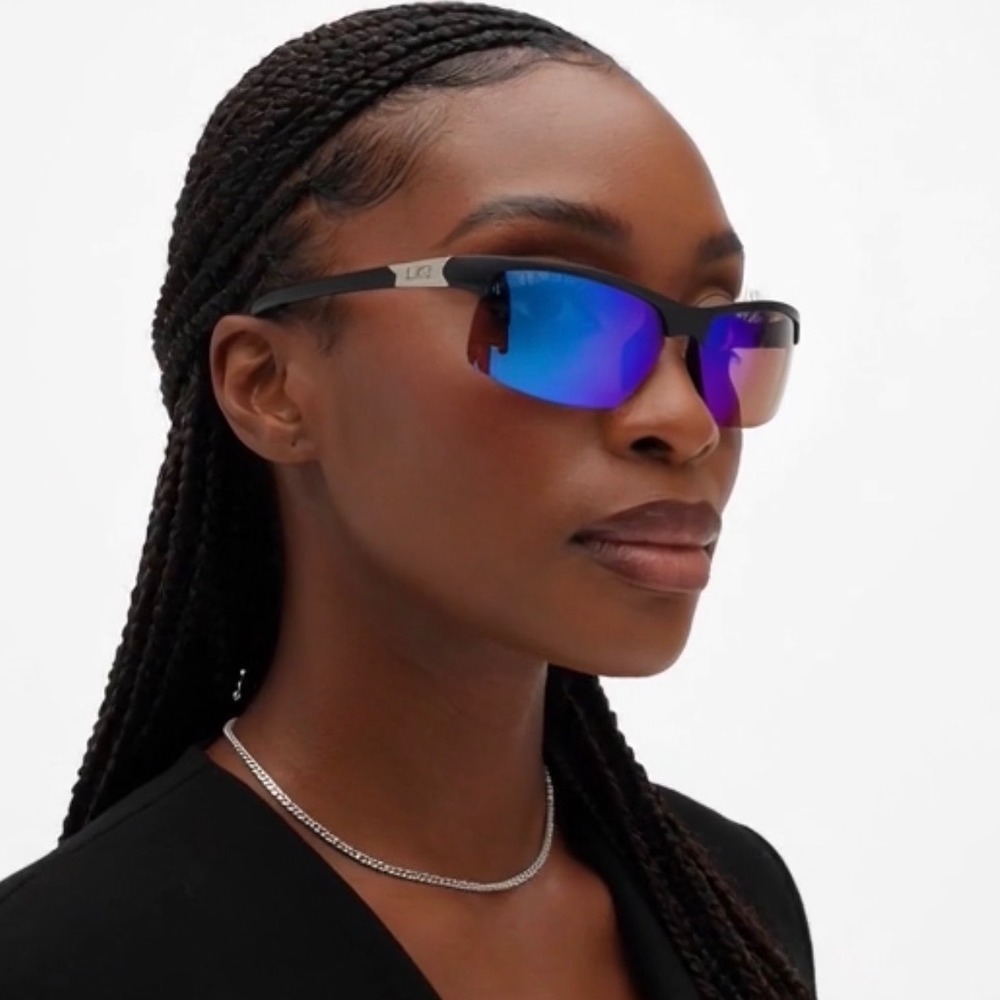 Women Rectangular Sport Sunglasses Gray Blue Mirrored Lens Half Rim Sporty Gafas